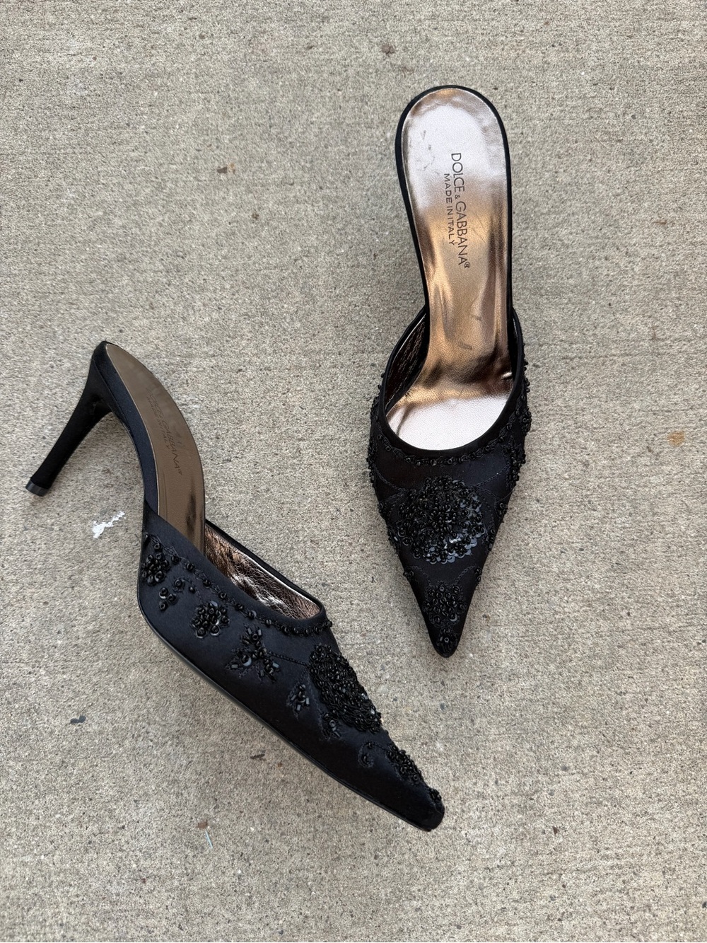 Vintage Y2K Dolce & Gabbana Black Beaded Pointed Mule Heels